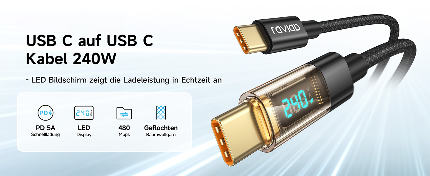 Кабель USB-C RAVIAD: Швидка зарядка PD3.1, нейлон, 0.5м, 240W, чорний. Сумісний з iPhone, Galaxy, Pixel, iPad, MacBookAir