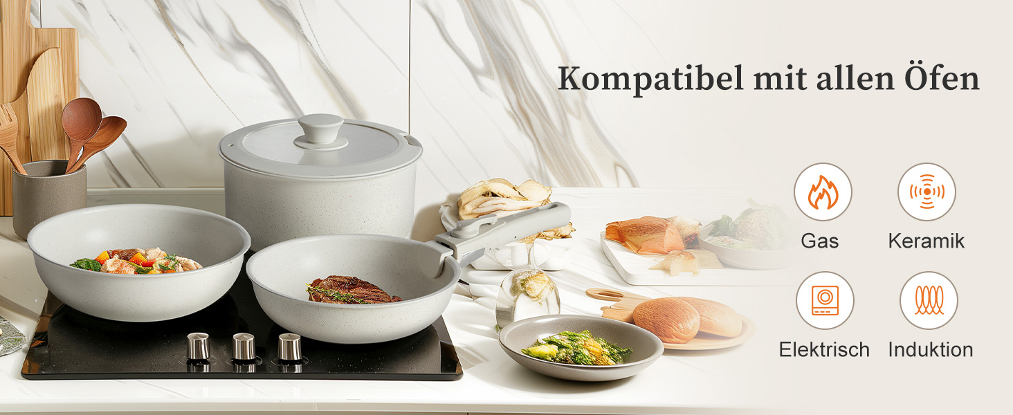 Набір посуду JHK 12 предметів з антипригарним покриттям та знімними ручками, бежевий – кухонне приладдя для дому