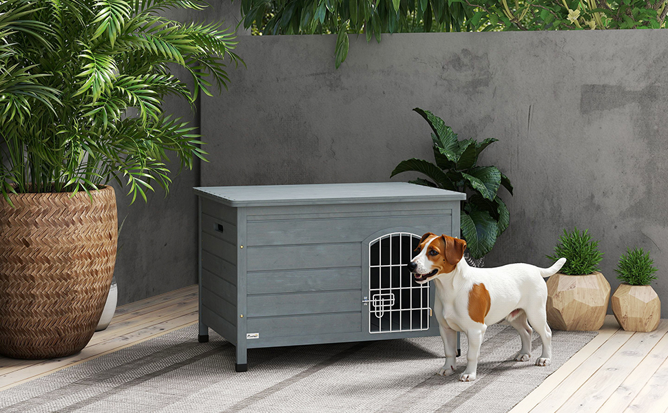 Паві Гат (PawHut) Будка для собак з дверима, клітка-переноска, водяний транспортувальний відсік для собак, котів, кроликів, вулиця, водовідштовхувальний, темний сірий, сосна, 80 x 55 x 53,5 см