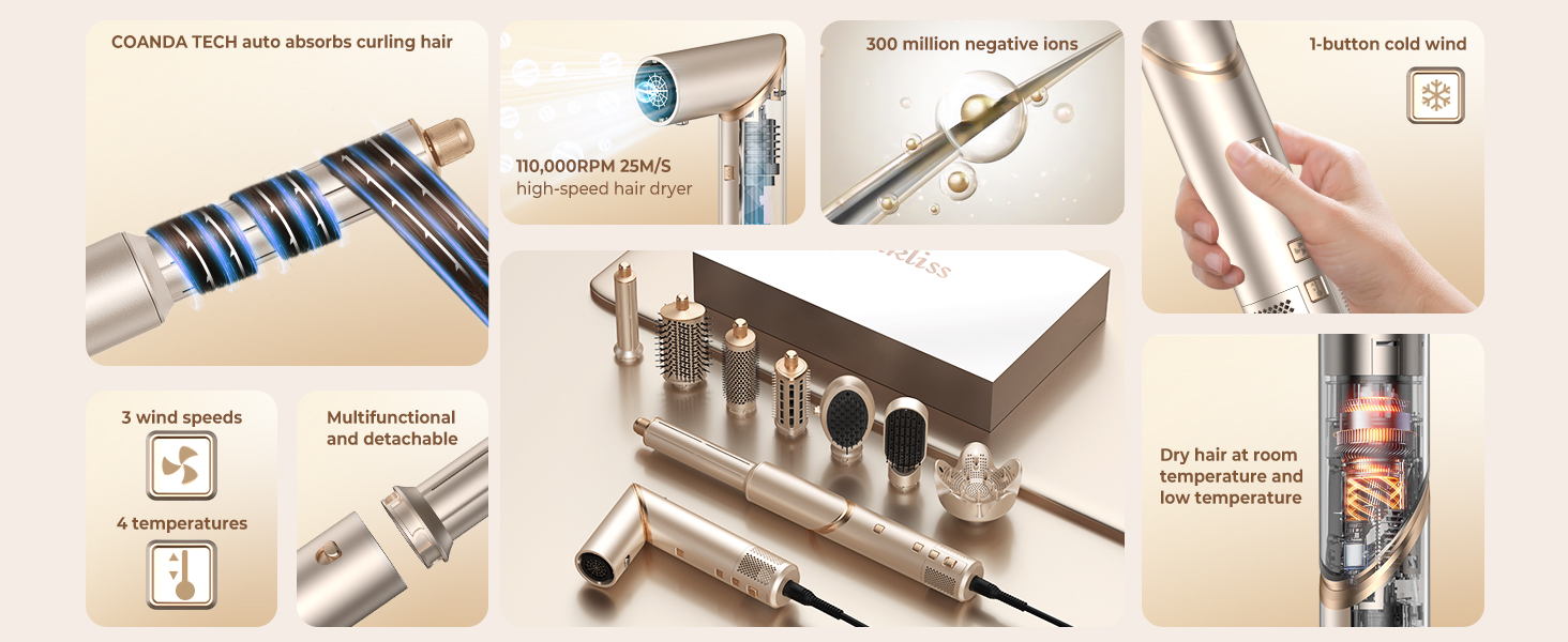 UKLISS Hairstyler 8 в 1: Професійний стайлер для волосся з авто-завивкою, іонізацією та функцією фена, підходить для всіх типів волосся, золотий