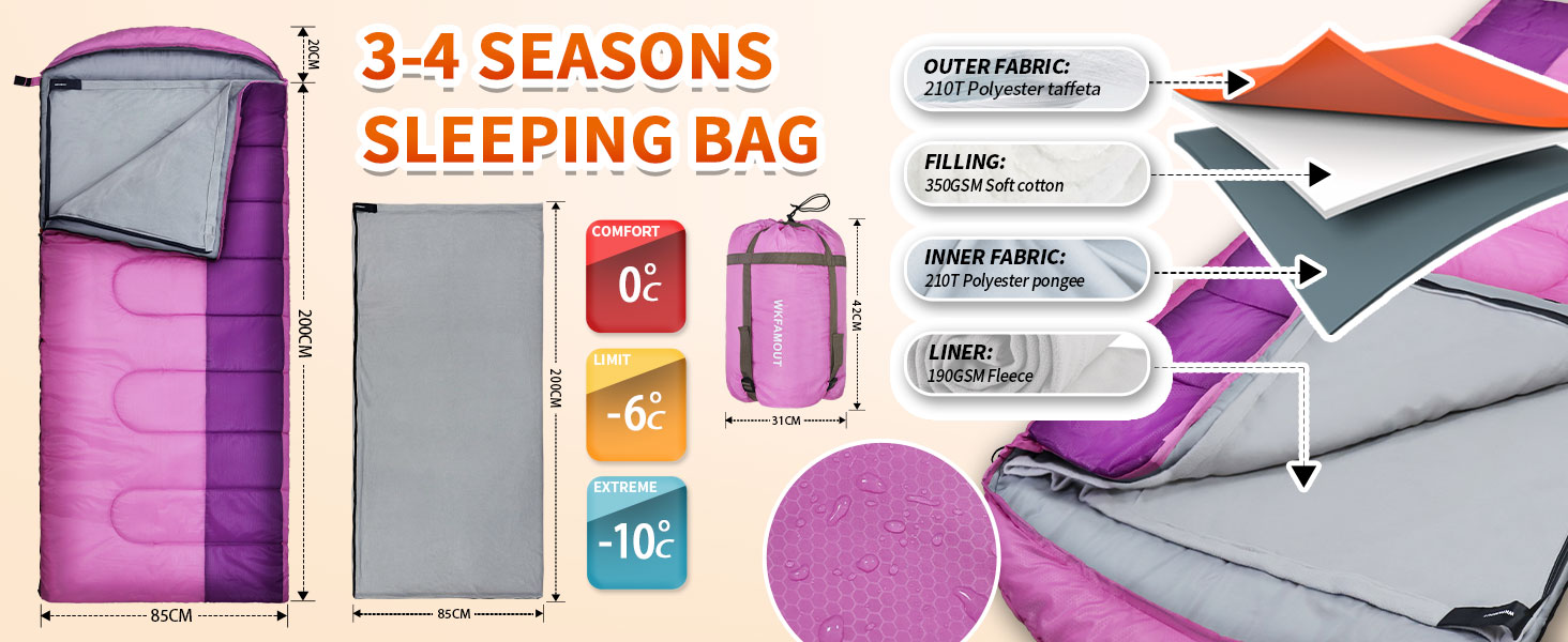 Спальний мішок Outdoor для дорослих, зимовий, 3-4 сезони, водонепроникний, комфортна температура 0°C, рожевий, 220x85 см, з компресійним мішком