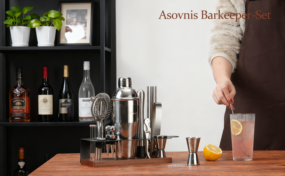 Набір бармена 23 предмети: шейкер, сито, ложка, мадлер, барні інструменти для дому, бару, вечірки (колір: коричневий)