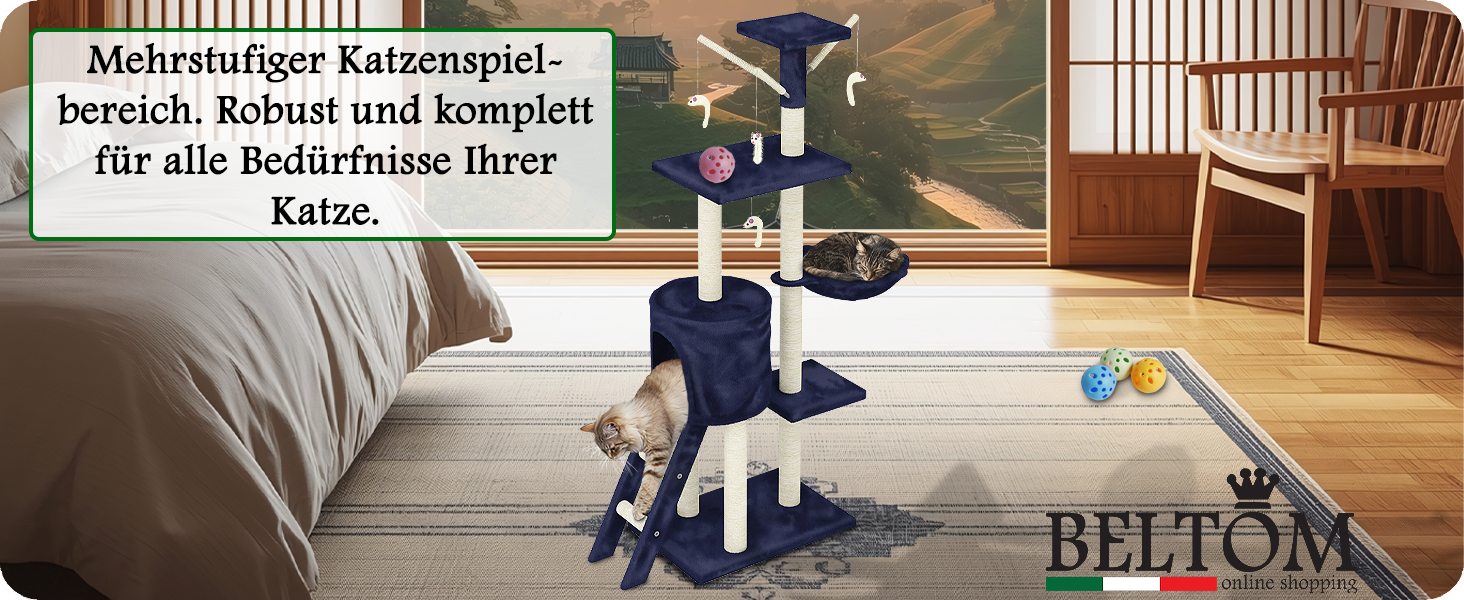 Дерев'яний кігтечка для котів Beltom® Kratzbaum 140 см, блакитний. Ігровий комплекс для котів, кігтеточка, ігровий центр
