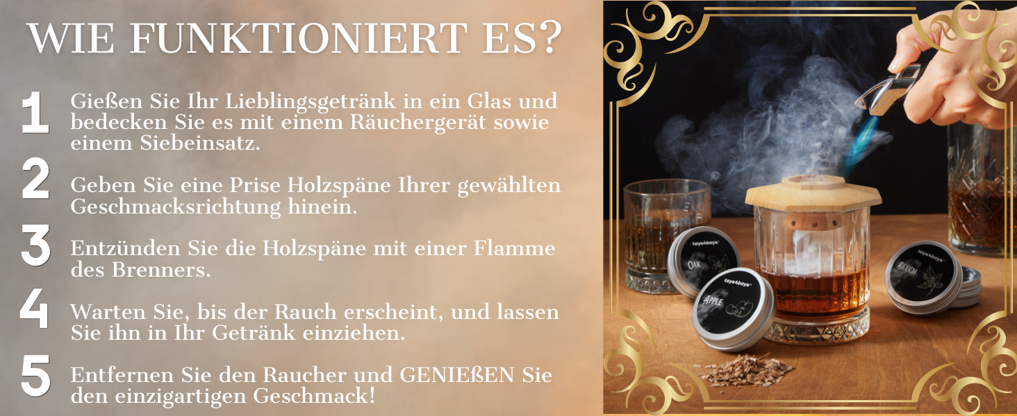 Набір для копчення віскі Toys4Boys - Преміум набір для копчення з дерев'яною кришкою, 4 арома-спіралі та запальничкою. Ідеальний подарунок для чоловіків. Набір для інфузії віскі без бутану, 4 арома-спіралі