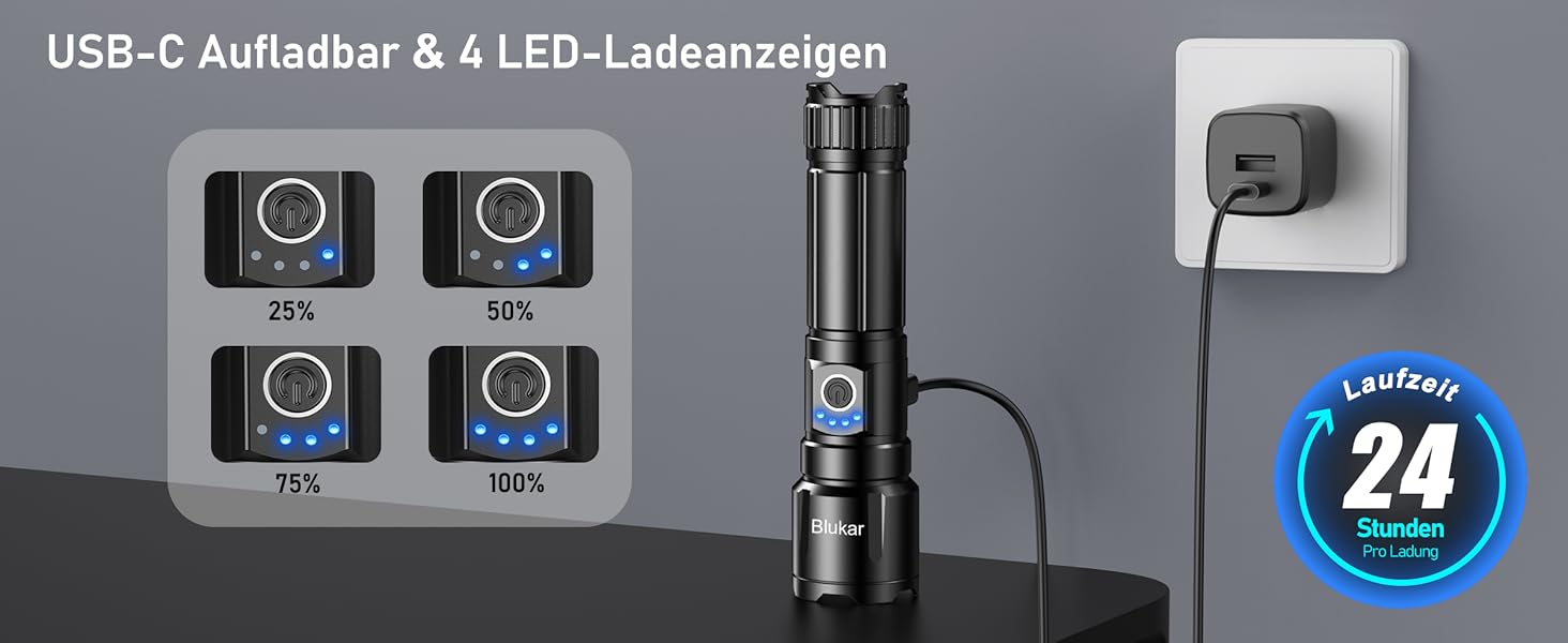 Ліхтар LED Blukar, перезарядний, надпотужний, з регулюванням фокусу, 5 режимів, водонепроникний IP67, для кемпінгу, туризму, риболовлі, надзвичайних ситуацій, чорний