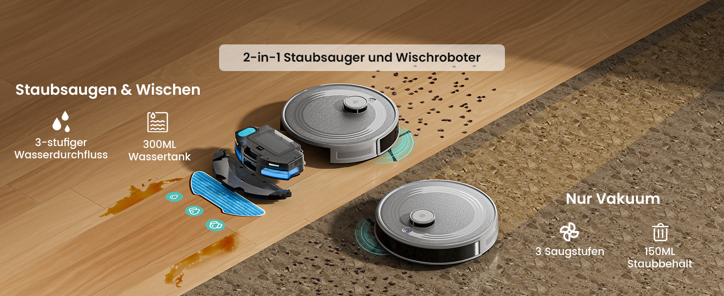 Робот-пилосос LEFANT M2 з функцією миття підлоги, 6000Pa, LiDAR-навігація, зони заборони, керування через додаток/Alexa, ідеальний для шерсті тварин, килимів та твердих підлог M2G