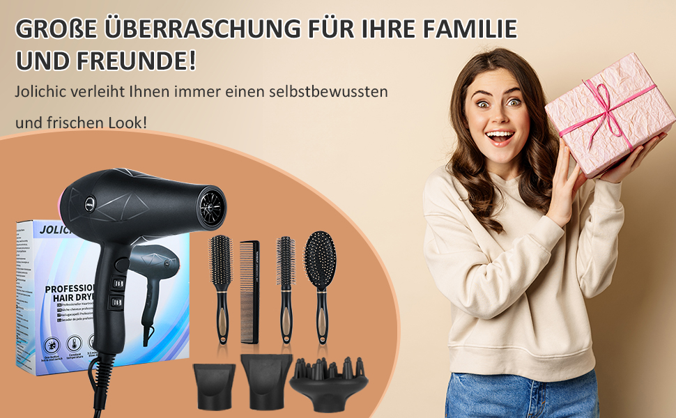 Фен Jolichic з іонізацією, 2400W, AC мотор, з насадкою-дифузором, 2 концентратори, 4 гребені для укладки, 3 режими нагріву, 2 швидкості, кнопка охолодження