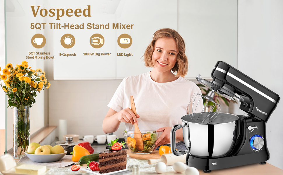 Планетарний міксер-тістоміс Vospeed, 5QT, 8 швидкостей, з чашею з нержавіючої сталі та набором насадок (гак, вінчик, міксер), чорний