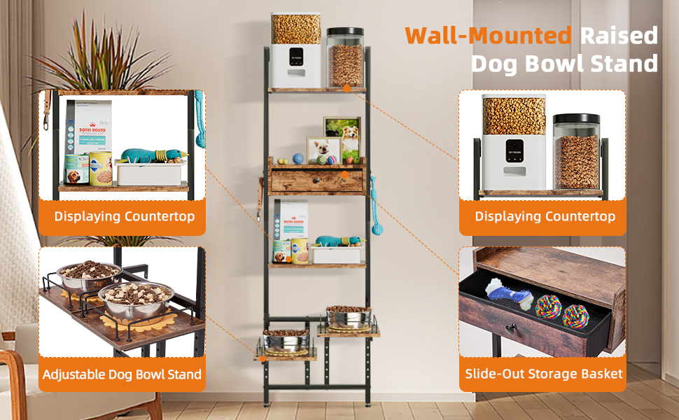 Підвищена годівниця для собак з місцем для зберігання та двома антиковзними килимками, для великих собак, регульована висота, настінний монтаж, колір вінтажний коричневий