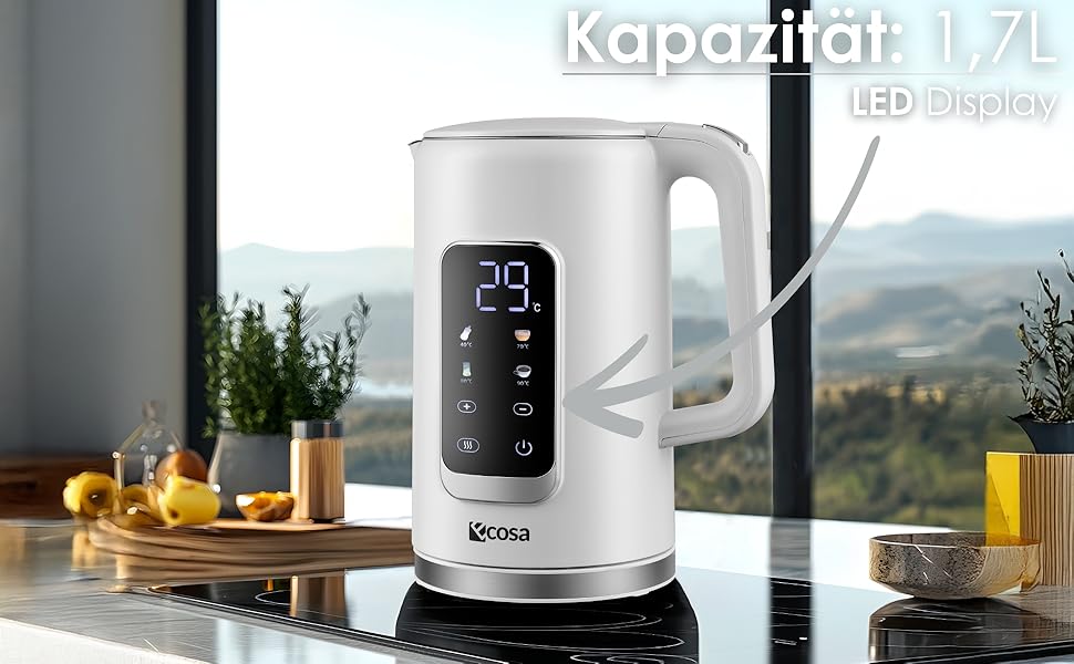 Електричний чайник-заварник зі сталлю, регулювання температури 40-100°C, 1,7 л, 2200 Вт, з підігрівом, LED дисплеєм, без BPA, білий Wanda