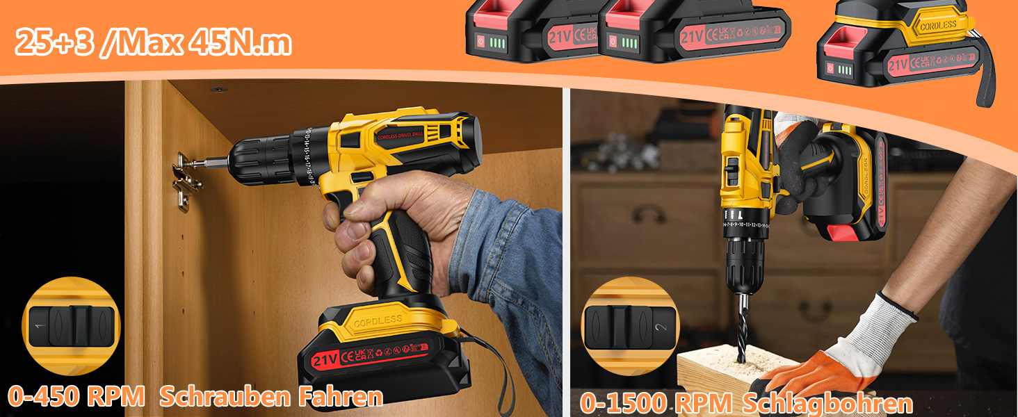 Акумуляторний шуруповерт 21V з акумулятором 4000mAh, 45Nm, 25+3 положення, 2 швидкості, LED, 2 акумулятори 2.0Ah, зарядний пристрій, для дому та саду, DIY проєкти (жовтий)