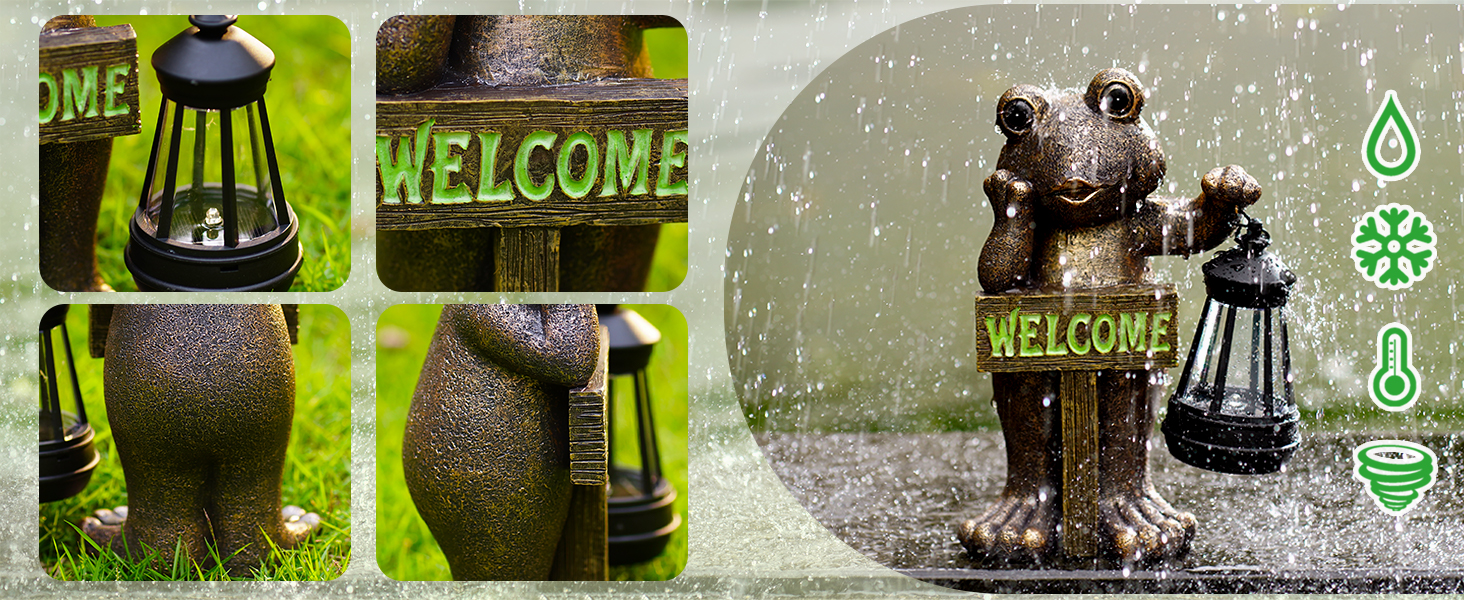 Goodeco Сонячна садова фігура жаби з табличкою Welcome, мідна, декор для тераси, балкона, двору та газону, оригінальний подарунок на новосілля для бабусі, дідуся або садівниці