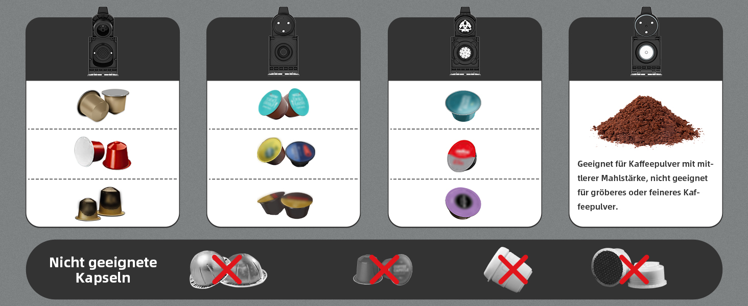 Кавомашина KOTLIE ST-550 Multi-Kapsel: 4-в-1 для Nes Original, Dolce Gusto, MIO та меленої кави, 19 Bar, 19 Bar, 7 рівнів об'єму води