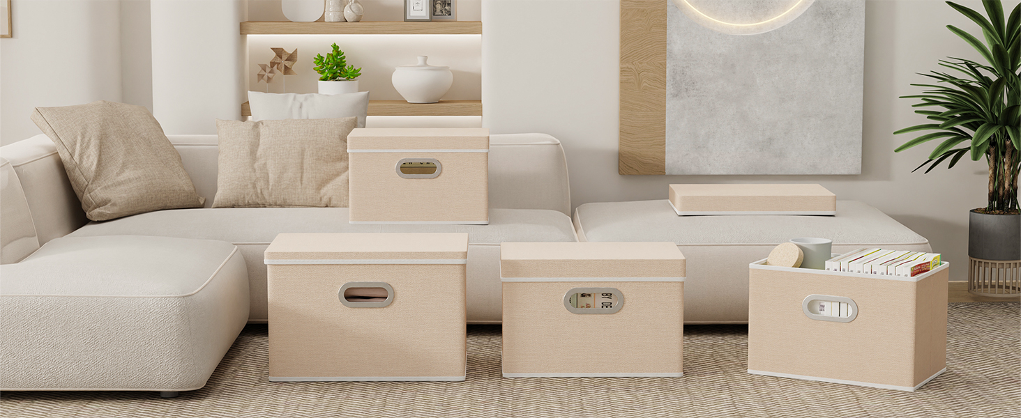 Yawinhe 3-Piece Storage Boxes with Lids, Foldable Fabric Box with Handles, Storage Boxes, for Bedroom, Clothes Storage, 32x23x20cm, SNK023G-3 (32x23x20cm/3-Pack, Beige)