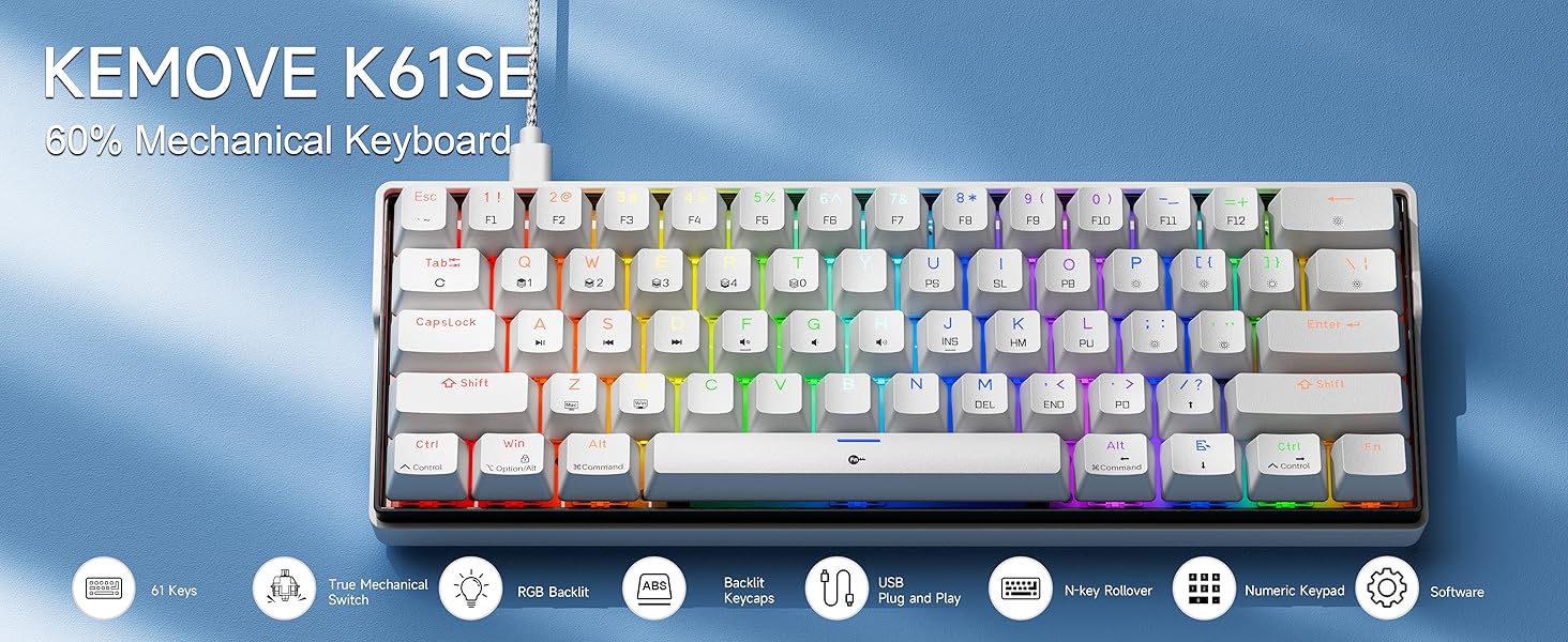 KEMOVE K61SE - Механічна ігрова клавіатура: 61 клавіша, Red Switch, RGB, Anti-Ghosting, US-Layout, для PC, білий корпус