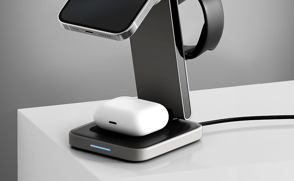Зарядний пристрій 3-в-1 MagSafe Tegler – з високоякісного алюмінію – бездротова зарядка для iPhone, Apple Watch та AirPods, складаний, зарядний стан для Apple Watch та iPhone, з адаптером 20W та USB-C кабелем, чорний