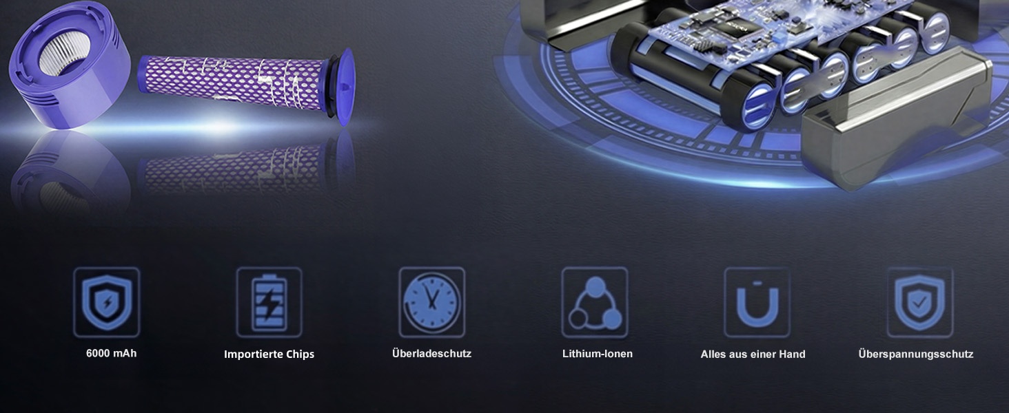 Акумулятор FLYLINKTECH 8.0Ah V8 для пилососів Dyson V8 Absolute/Animal/Fluffy/Motorhead SV10 з 2+1 фільтрами та 4 шурупами