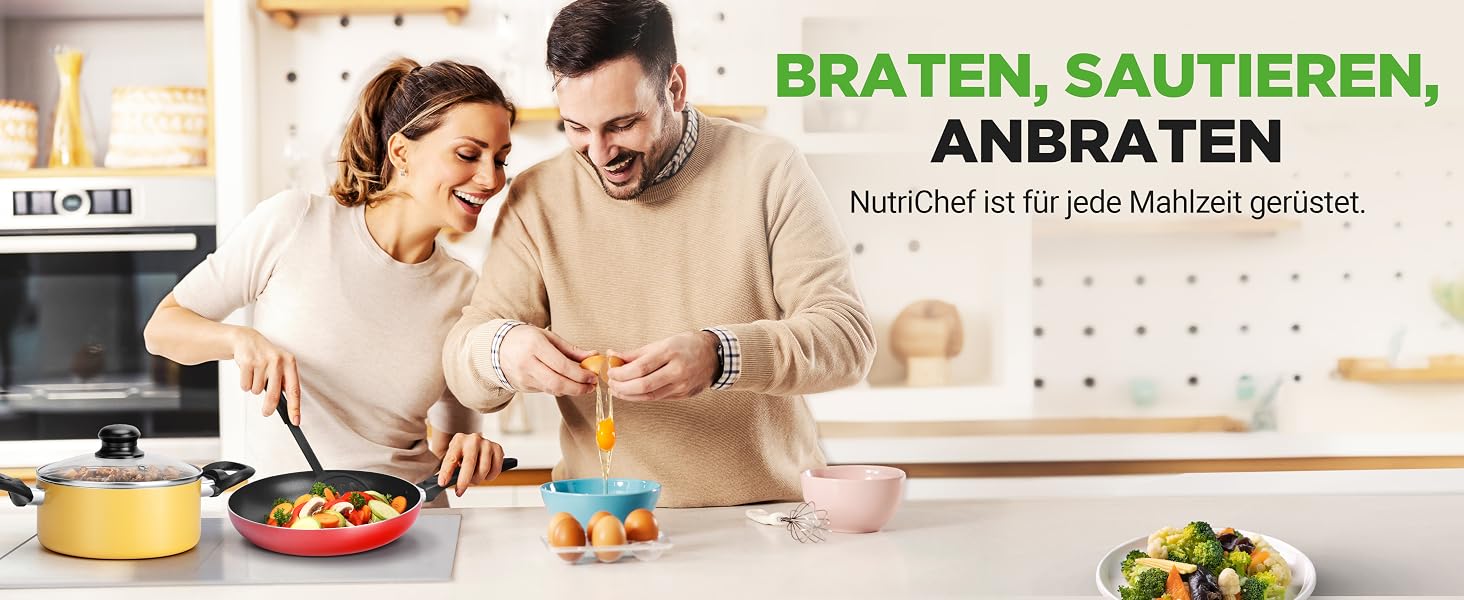 Набір посуду NutriChef 15 предметів: каструлі та сковорідки з антипригарним покриттям для всіх типів плит (включаючи індукцію), без PFOA/PFOS, придатний для посудомийки, кольоровий