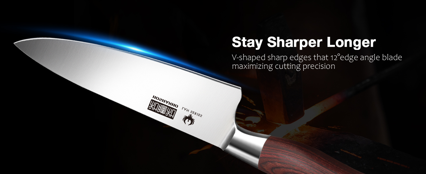 HOSHANHO 20 см кухонний ніж для приготування їжі, професійний японський шеф-ніж з нержавіючої сталі з вуглецевим покриттям та ергономічною дерев'яною ручкою