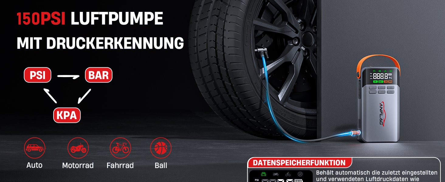 Powerbank для автомобіля з компресором 150PSI ANFLAG 5500A, стартер для бензинових та дизельних двигунів (12.0L), LCD дисплей, LED ліхтарик, подвійний USB, сірий