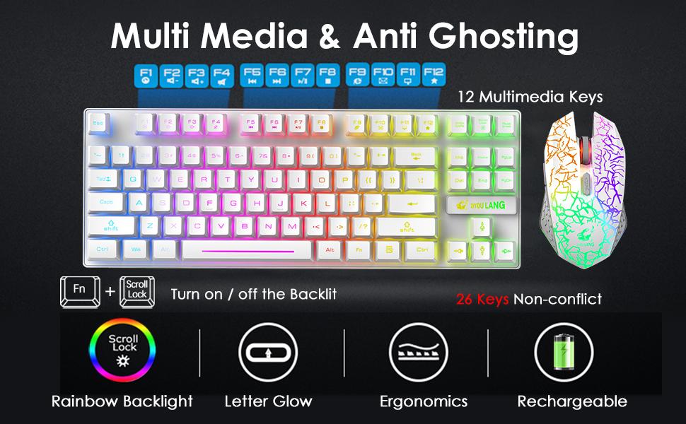 Механічна ігрова клавіатура та миша Combo з підсвічуванням Rainbow, 87 клавіш, 2.4G, USB, 2400DPI, з підсвічуванням RGB, з килимком для миші (чорний)