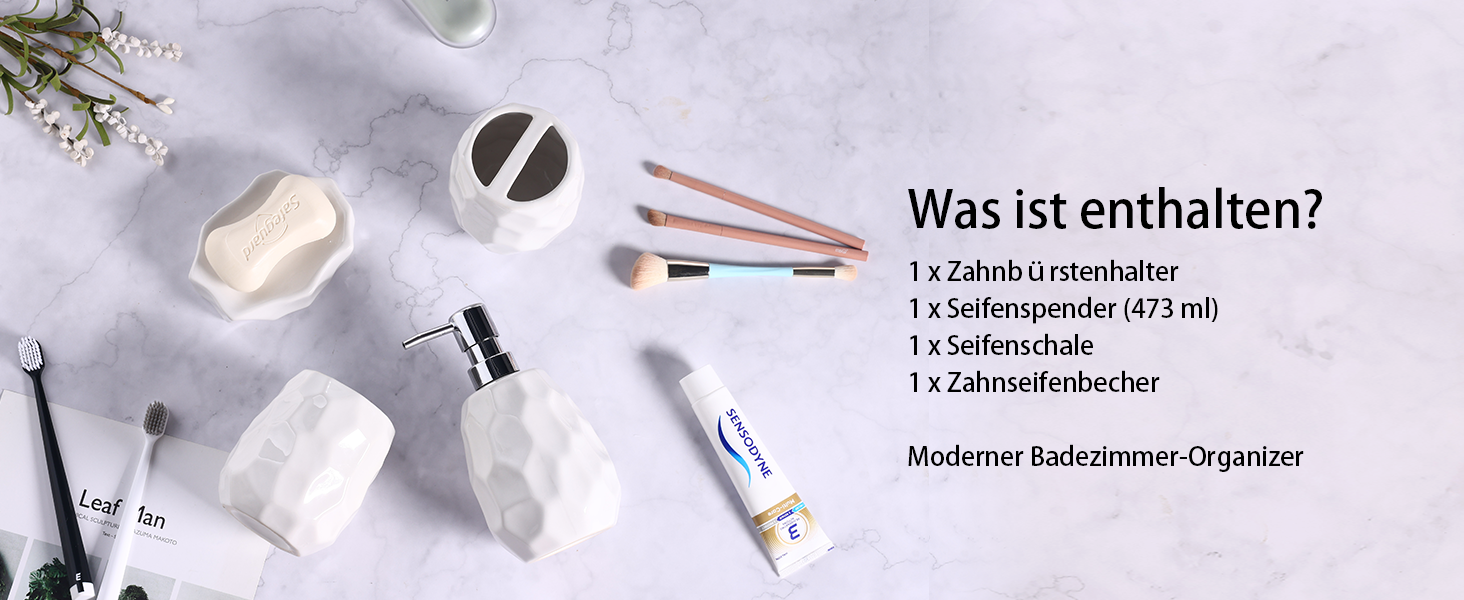 Набір аксесуарів для ванної кімнати, 4 шт: диспенсер для мила, мильниця, тримач для зубних щіток, стаканчик для зубних щіток, органайзер для ванної кімнати, сучасний дизайн (білий)