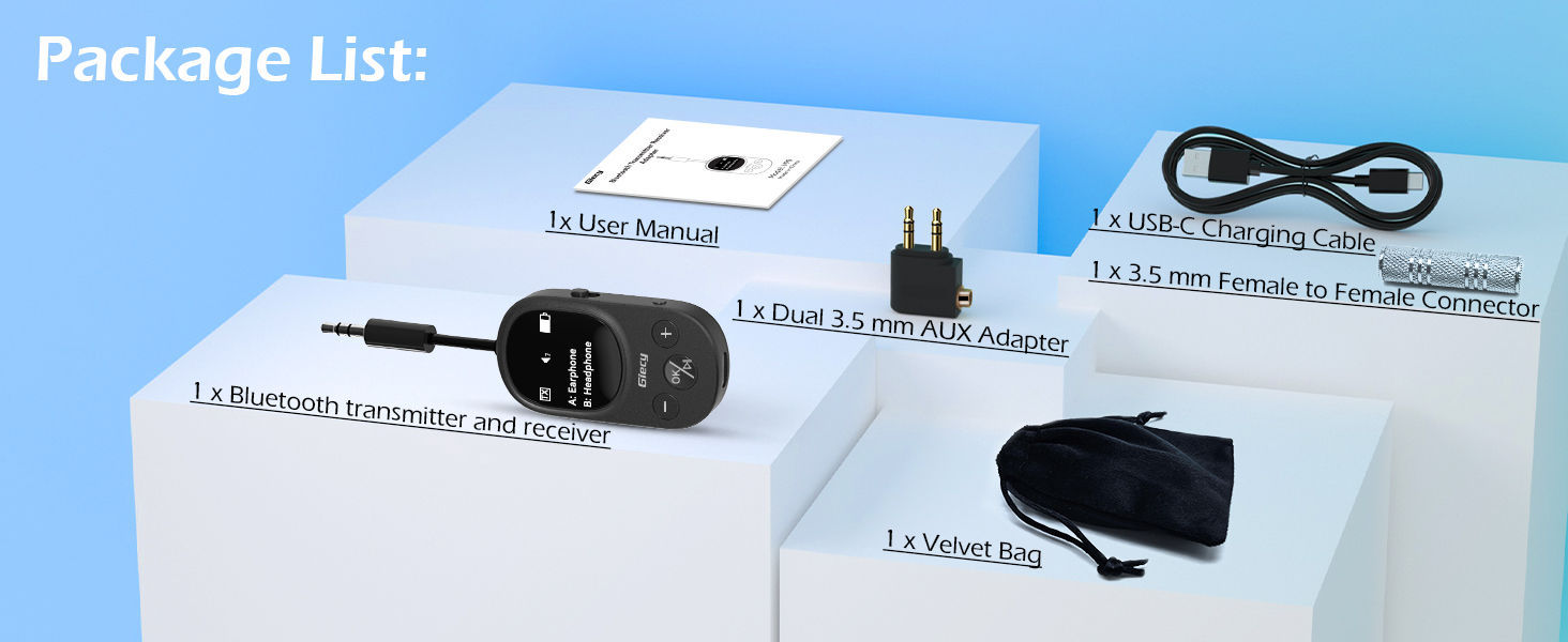 Bluetooth-адаптер 2-в-1 (передавач та приймач) з OLED-дисплеєм, aptX Low Latency, роз'єм 3.5 мм Jack для ТБ, літака, навушників та AirPods, чорний