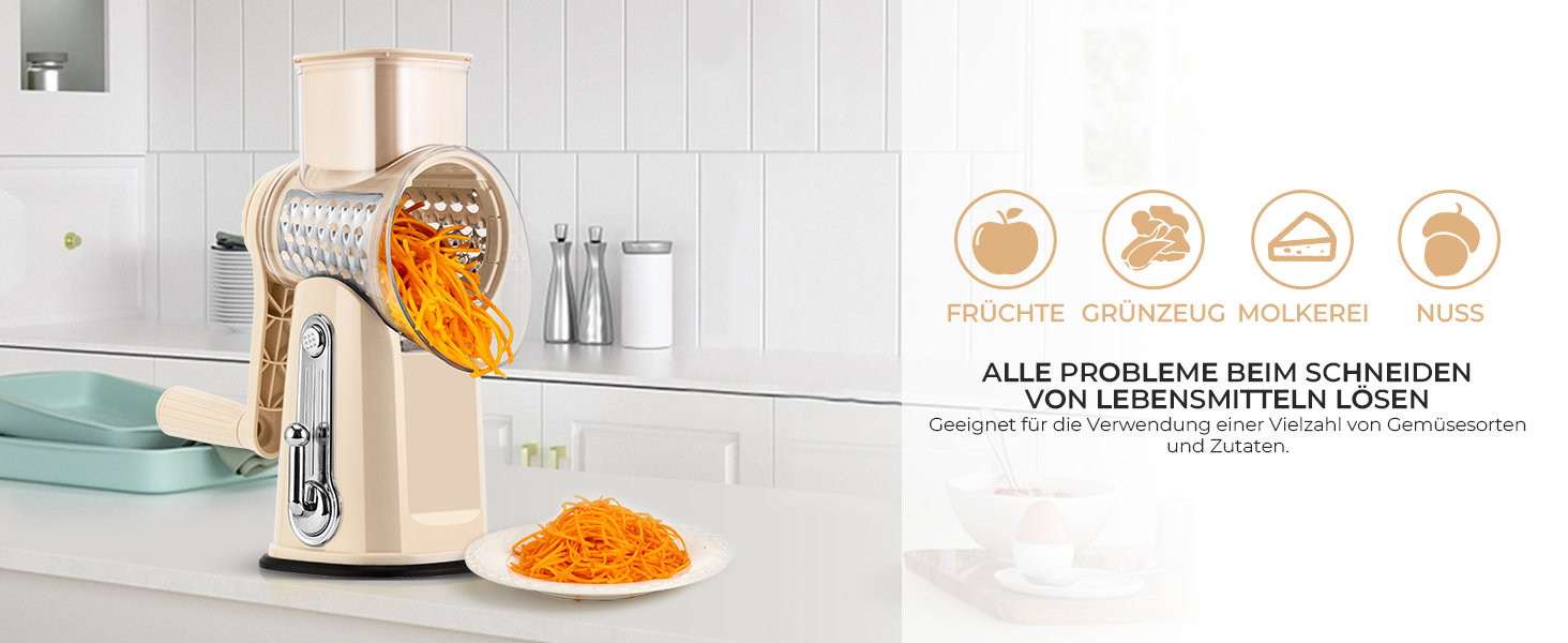 Тертка для овочів STEAS з ручкою - терка для сиру, овочів, фруктів з 5 насадок, міцним присоском, контейнером для ножів (Бежева)