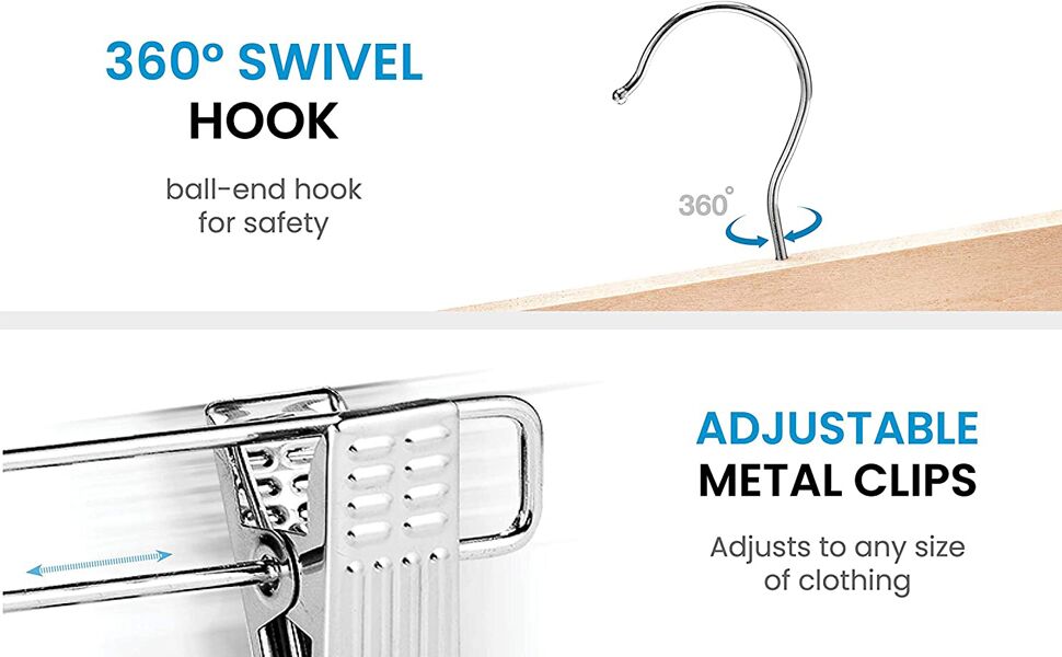 10 дерев'яних вішалок для одягу 35 см, міцні вішалки для штанів, з поворотним гачком 360°, металеві вішалки для одягу, економія місця, з антиковзними кліпсами для штанів, шкарпеток, спідниць (колір дерева)