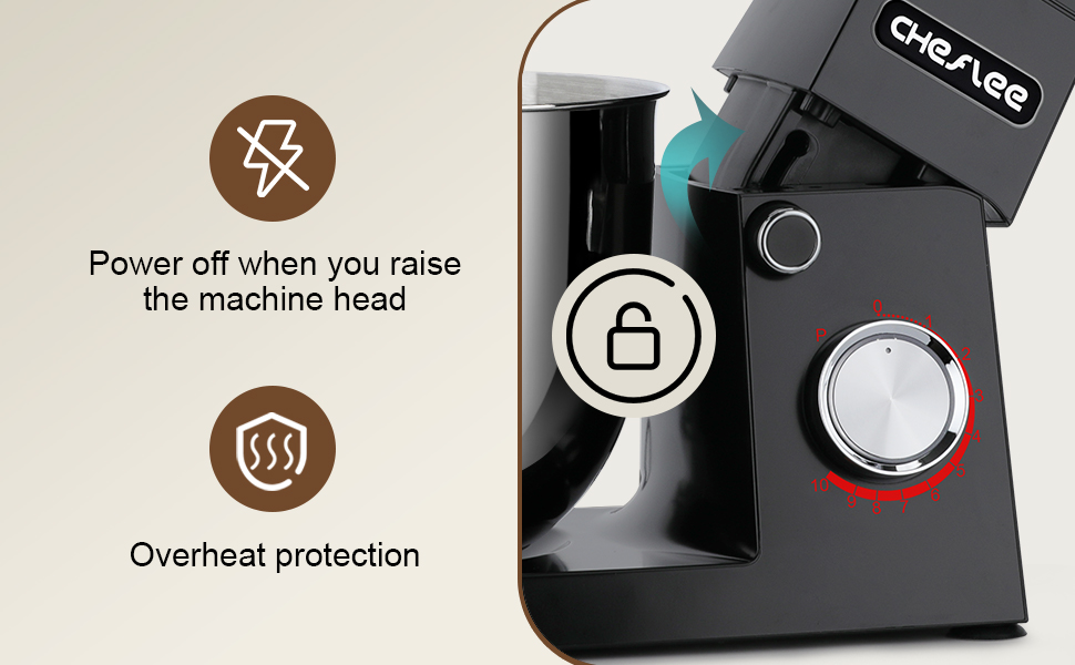 Кухонна машина Cheflee 1500W з чашами 4.5L та 5.5L з нержавіючої сталі, 10+ швидкостей, міксер з гаками для тіста та вінчиком, сплеск-захист (Чорний)