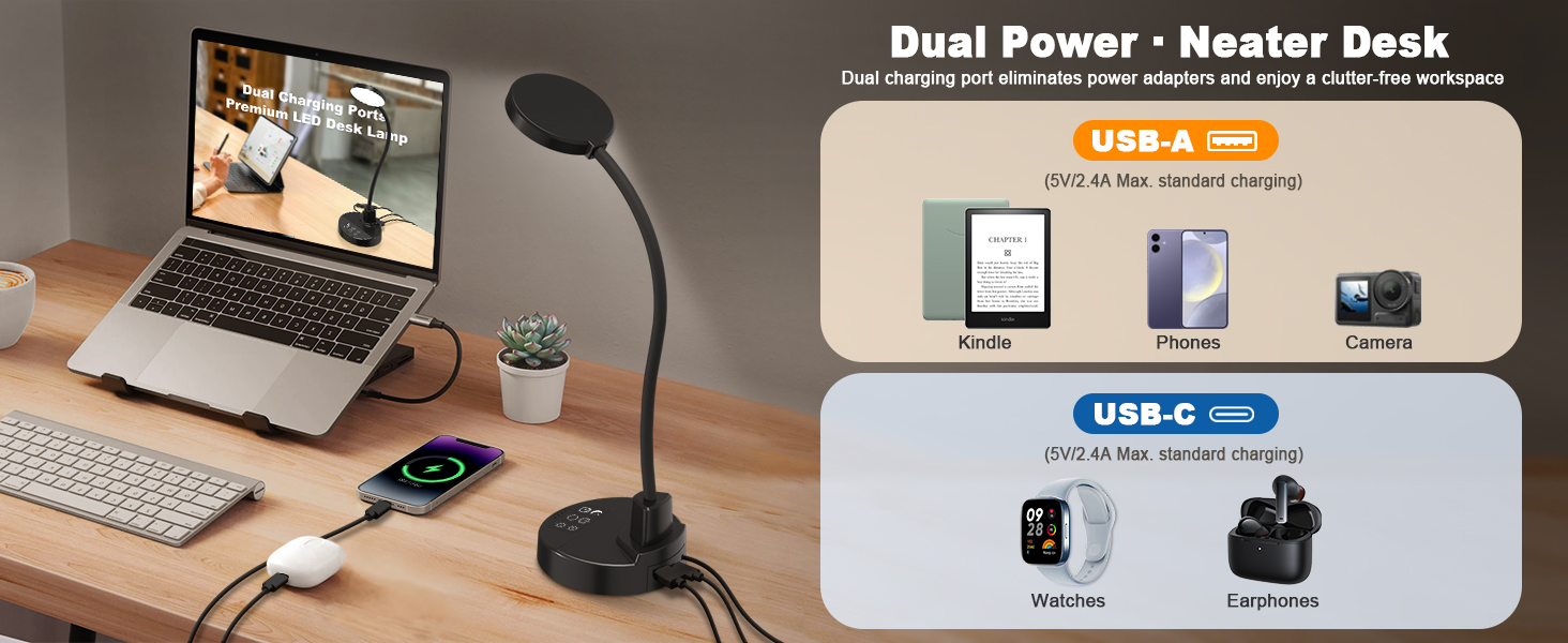 LED настільна лампа 15W з USB-A та USB-C, диммування, 3 колірні температури, 5 рівнів яскравості, таймер, гнусий 360° шийка, захист для очей, для офісу та спальні - Чорний, 3.5 дюйми
