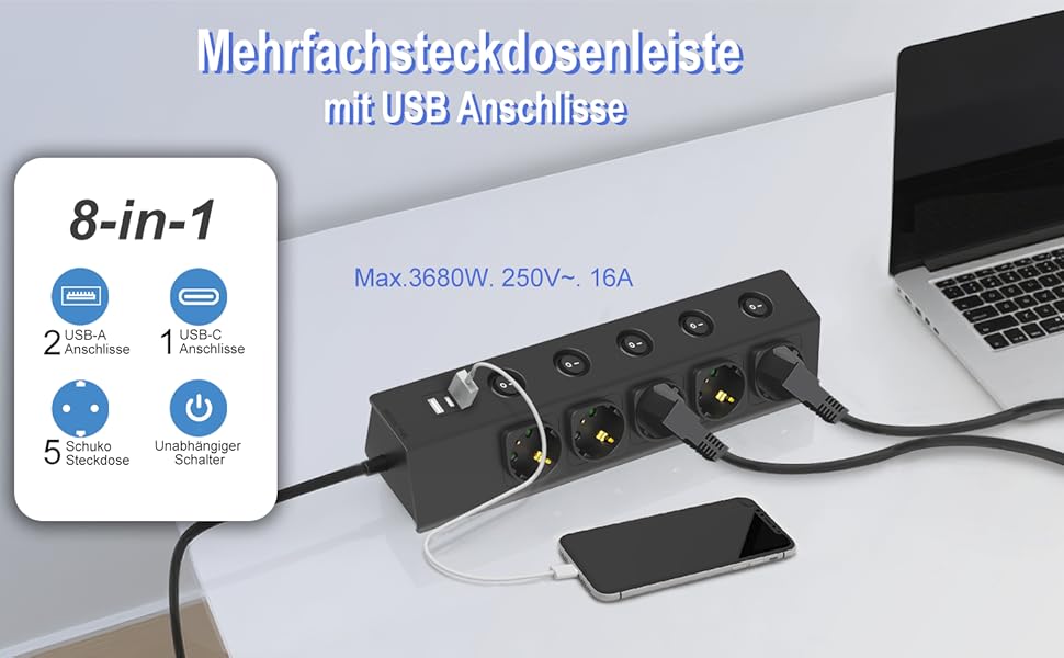 Багаторозкладна мережева розетка з USB, 5-портова, з індивідуальними вимикачами, для кухні, зі сталевою передньою панеллю, кабель 2м