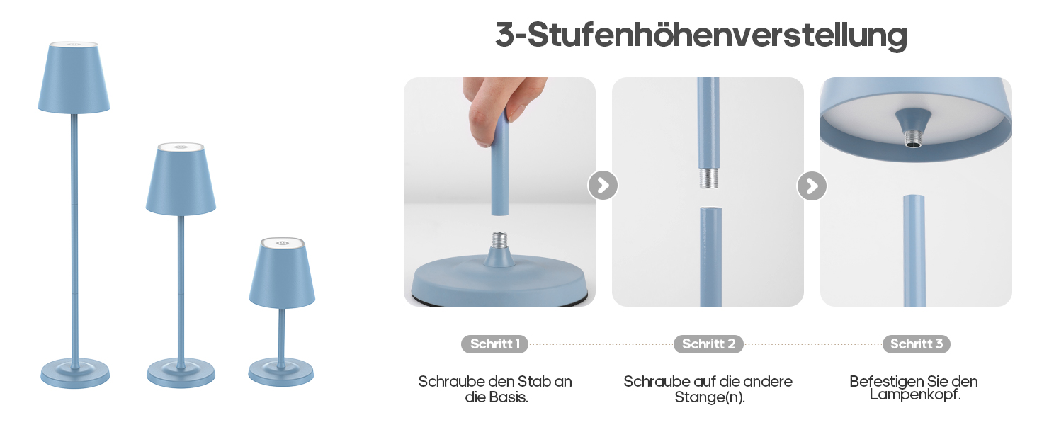 Світлодіодна настільна лампа 3-в-1 бездротова з акумулятором 5500mAh, регульована висота, димування, 3 кольори світла - USB лампа настільна металева водонепроникна сенсорна для дому та вулиці, комплект 2 шт. (Синій, 38.5x11.2x11.2 см)