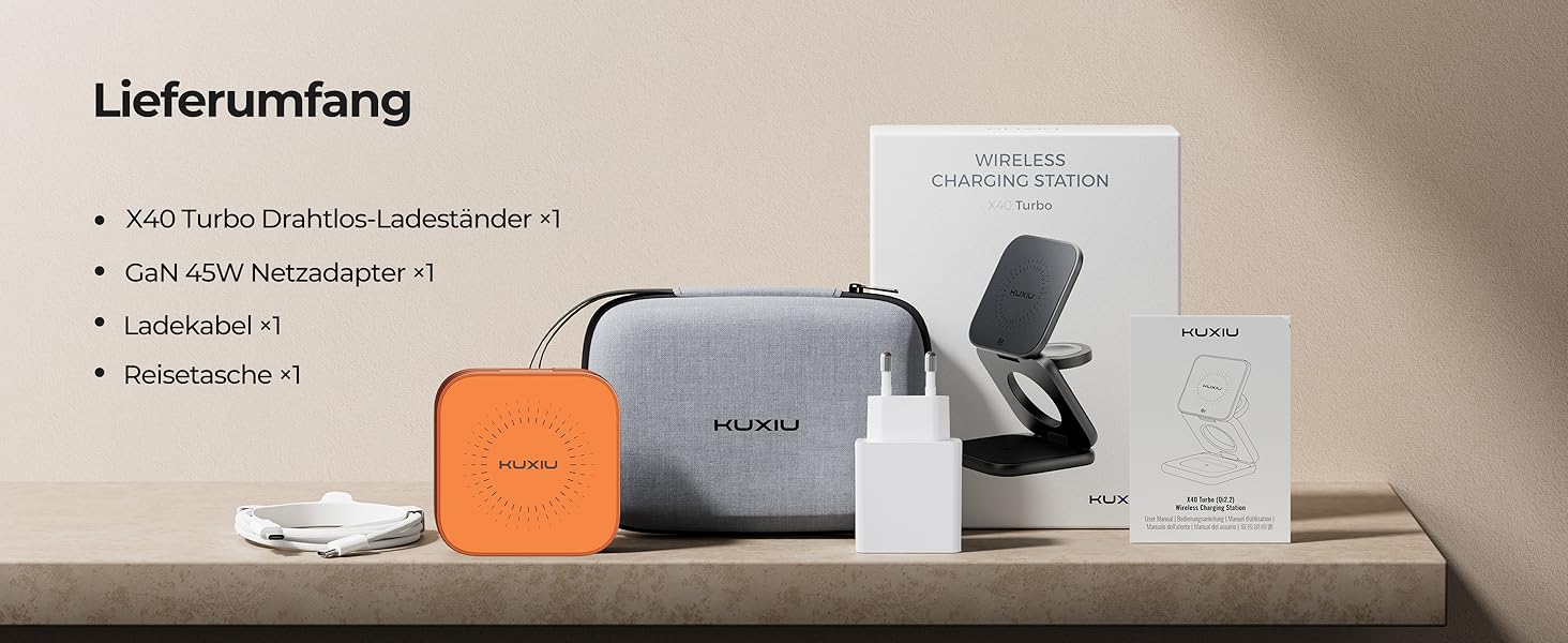 Бездротова зарядна станція KU XIU X40 Turbo Qi2.2 25W 3-в-1 для iPhone 17/16/15/14/13/12, Apple Watch та AirPods, алюмінієва, з адаптером GaN 45W (Космічний Помаранчевий)