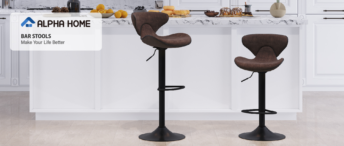 Alpha Adjustable Height Bar Stools 2-Pack - Swivel PU Leather Kitchen Bar Chairs with Footrest - 160KG Capacity (Brown)