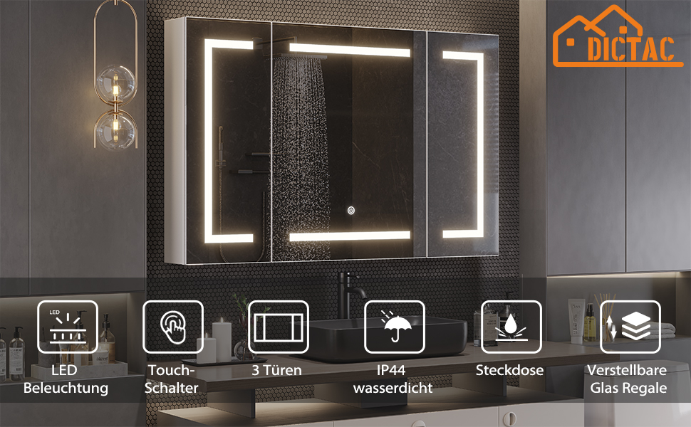 Дзеркальна шафа для ванної кімнати Dictac з LED-підсвічуванням та розеткою, 100x60x13.5 см, метал, полиці, 3 колірні температури, диммування, сенсорний вимикач, білий