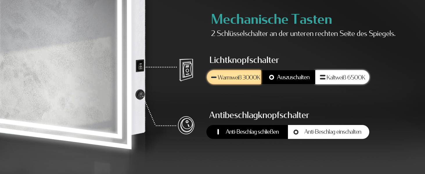 Дзеркало для ванної кімнати EMKE з підсвічуванням 40x60 см LED, антизапар, холодний/теплий білий, з кнопкою, алюмінієва рама, IP44, енергозберігаюче