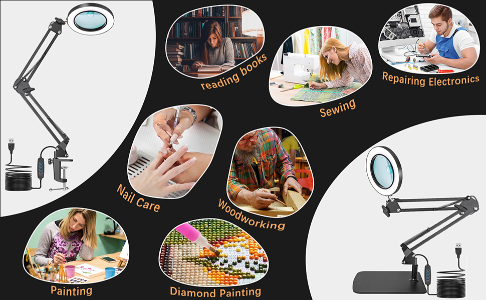 Лупа Jubor 2-в-1 з підсвічуванням та підставкою, 15x/10x, LED, з кріпленням та основою, настільна лампа, 3 режими, регулювання яскравості, для хобі, ремонту, DIY, чорна