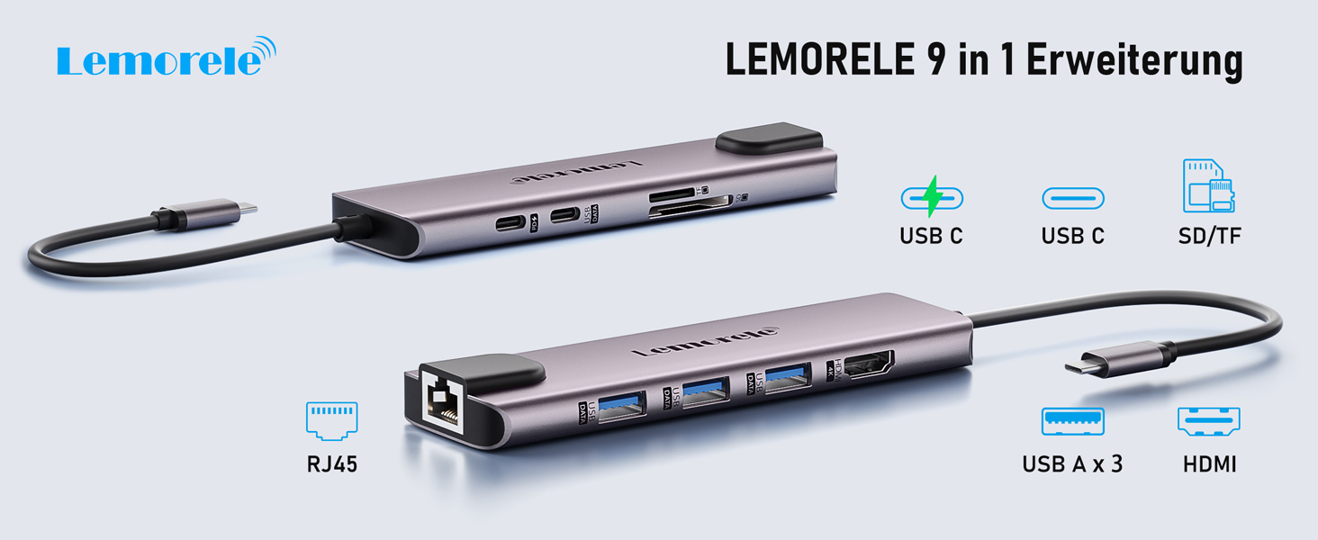 Lemorele Док-станція USB C хаб 9-в-1 з Ethernet: 2xHDMI 4K, 3xUSB 3.0/2.0, VGA, PD 100W, SD/TF, для Windows, MacBook, Dell, HP, Lenovo, Surface