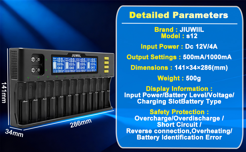 Зарядний пристрій для акумуляторів 18650 JIUWIIL з LCD-дисплеєм, універсальний, 12+2 слоти, для Li-Ion, LiFePO4, 26650, 17500, 16340, 18650, 14500, 10440 та 9V акумуляторів