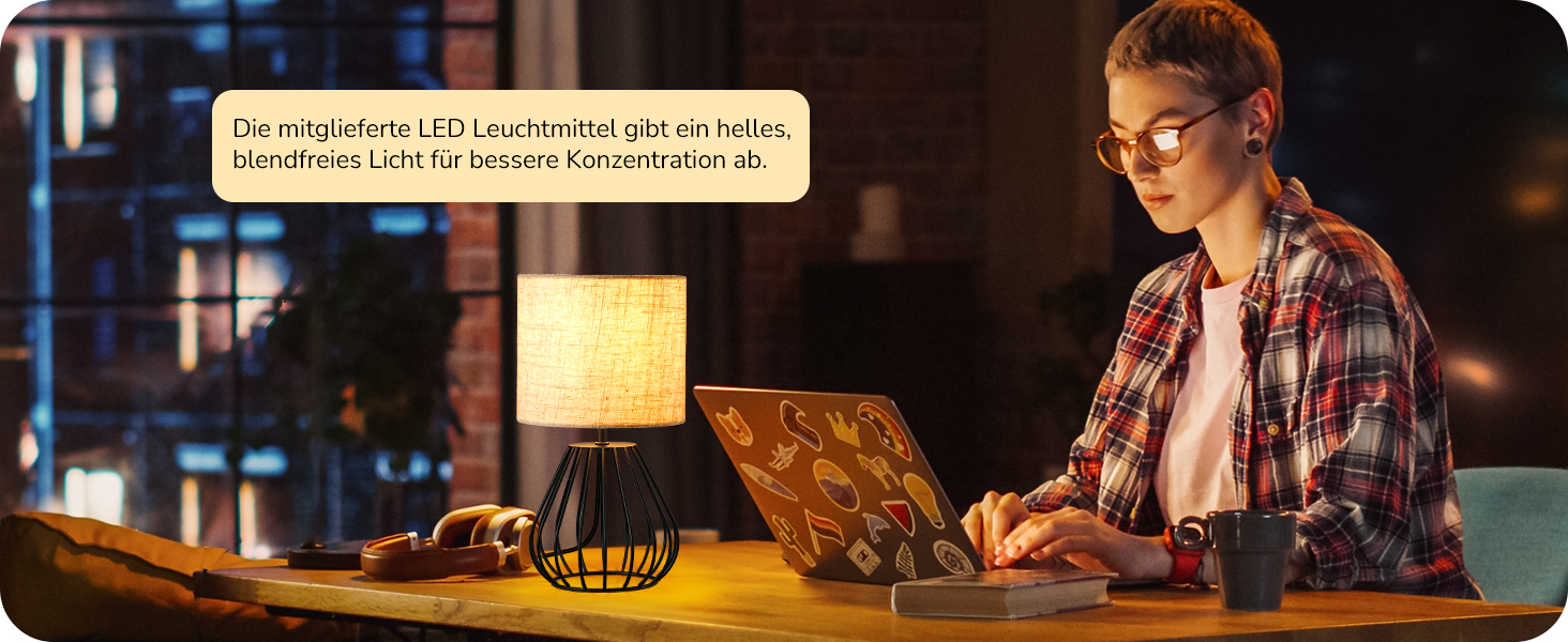 EDISHINE Настільна лампа, сучасний дизайн, індустріальний стиль, E14 цоколь, вінтаж, для спальні, вітальні, бежево-чорний льон + чорний