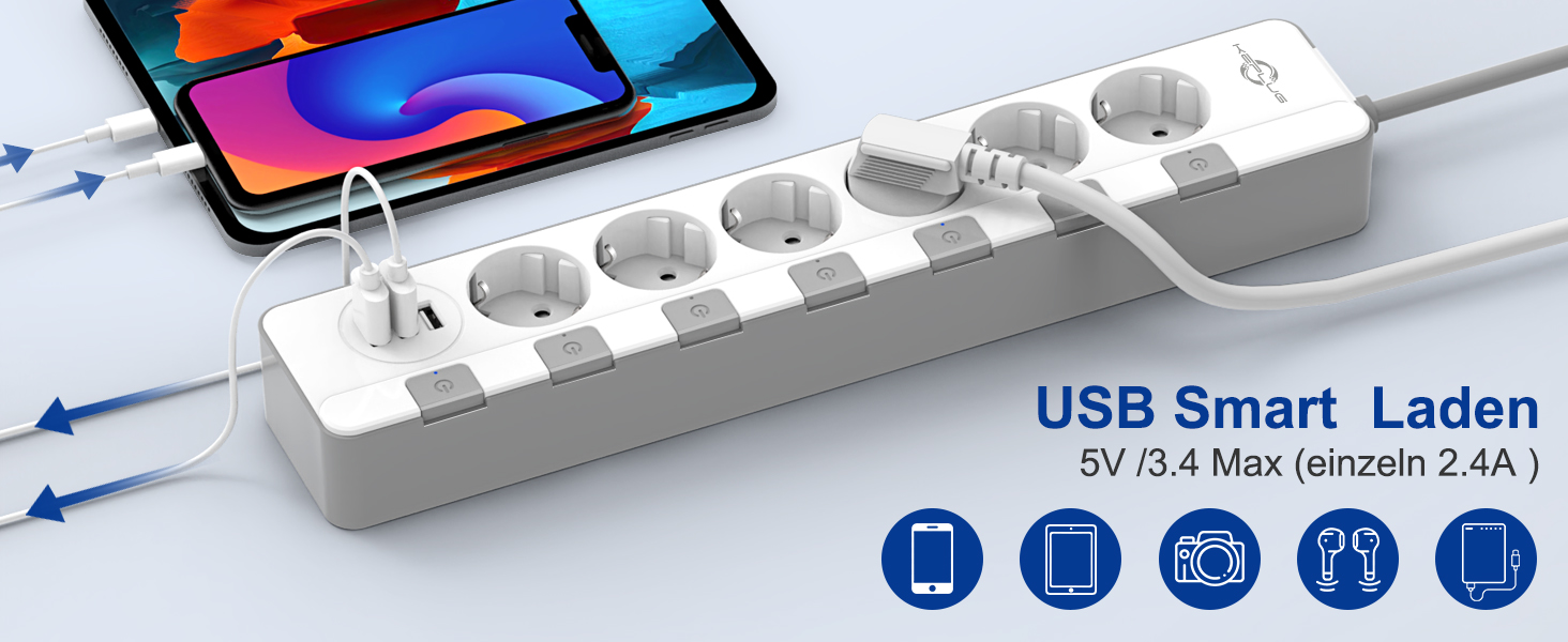Мережевий фільтр KEPLUG з USB, 4000W, 16A, 6 розеток, білий