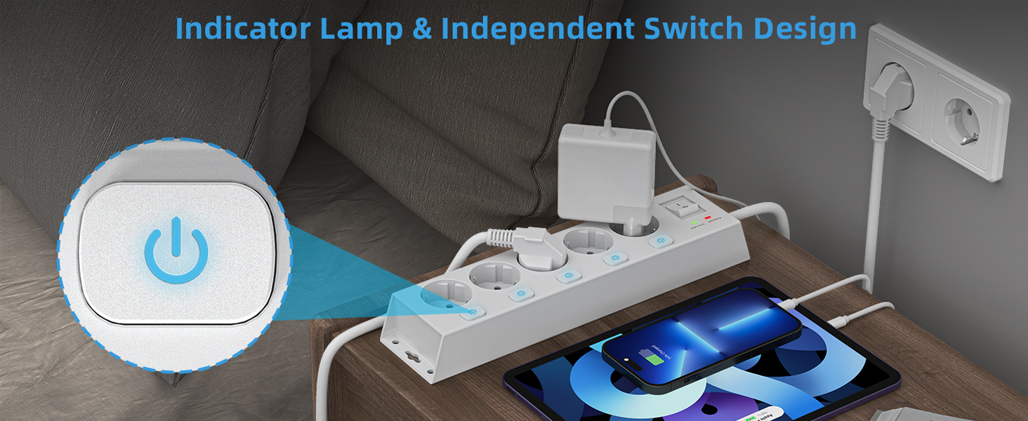 Мережевий фільтр Steckdoseleiste 5-fach з вимикачами, захистом від перенапруги 1050J, для дому та офісу, білий, кабель 2м