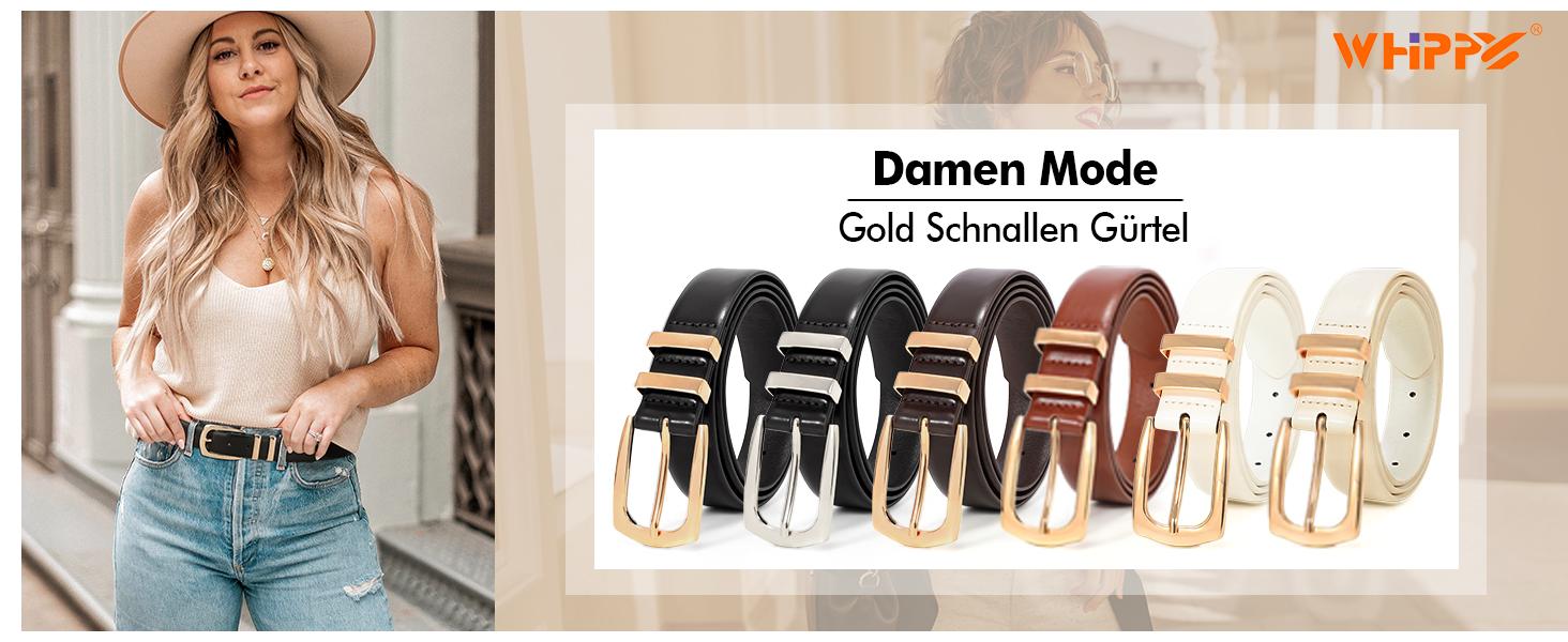 Жіночий шкіряний ремінь WHIPPY з золотистою пряжкою, чорний колір, розмір L (довжина 120 см)