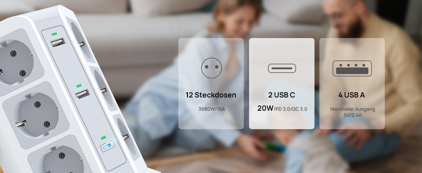 Стедова вежа KOOSLA з 12 розетками, захистом від перенапруги (4000W/16A), 6 USB-портів (20W USB-C), 2м, для офісу, кухні, столу (білий)