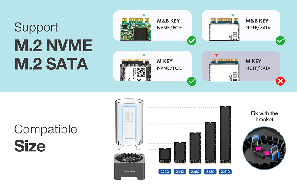Док-станція для M.2 SSD з охолодженням GrauGear: NVMe PCIe, NGFF SATA, USB3.2 Gen2 10Gbps (22110/2280/2260/2242/2230)