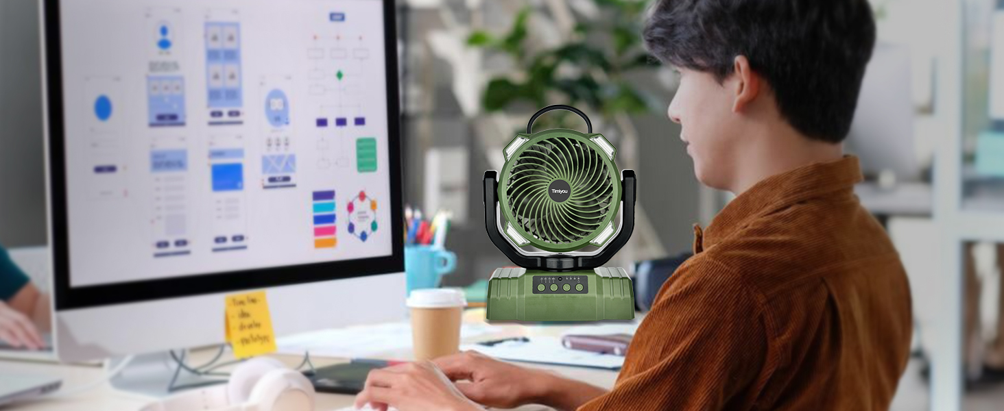 Портативний вентилятор для кемпінгу з акумулятором 10000mAh, LED-ліхтар, 270° обертання, USB-зарядка, для намету, риболовлі, офісу (зелений)