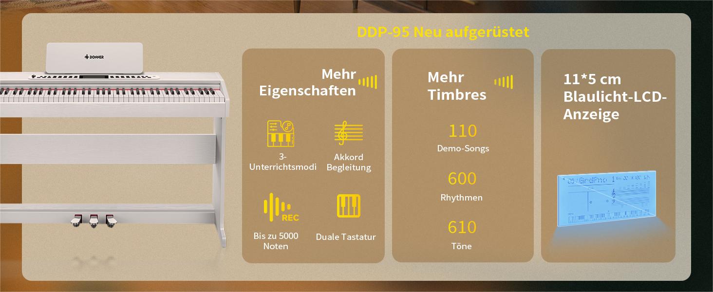 Цифрове піаніно Donner DDP-95 для початківців з 88 важними клавішами, бездротове підключення, LCD дисплей, 610 тембрів, 600 ритмів, 3 навчальні режими, біле