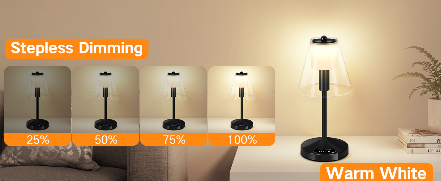 OUTON Бездротова LED-лампа настільна з торканням, регулювання яскравості, 3 режими кольору (3000K–6000K), акумулятор 4000mAh, USB-C, до 120 годин роботи, пам'ять, для спальні, бару та декору, чорна