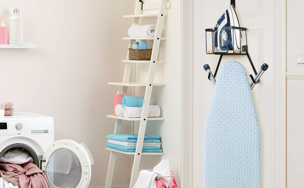 Настінна підставка для прасувальної дошки з великим кошиком MOREE – для прасувального столу та праски, біла